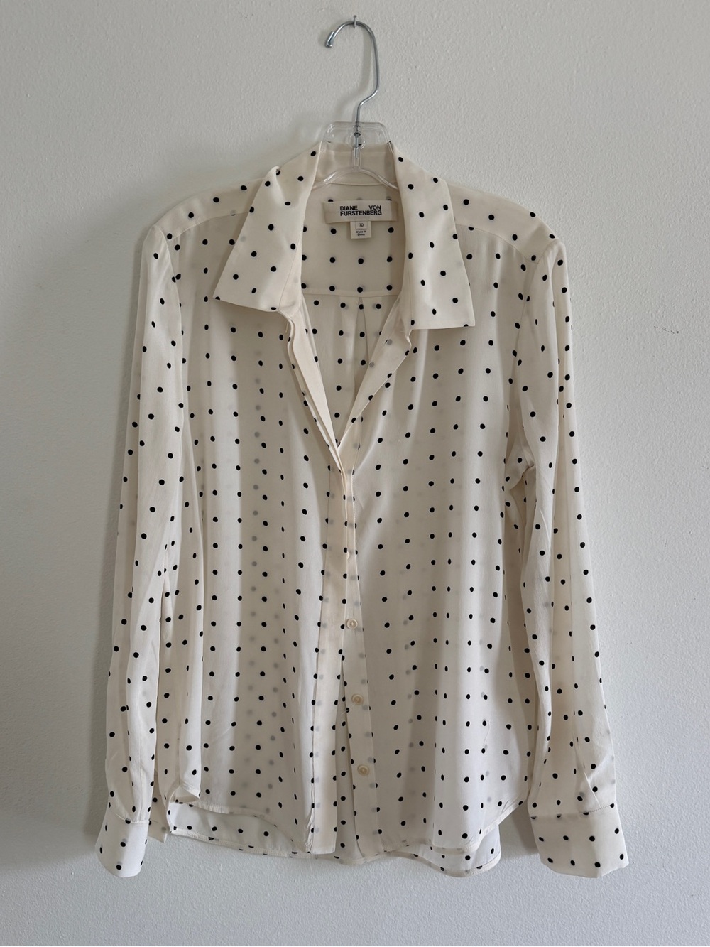 Diane Von Furstenberg Cream Button-Up Shirt with Black Polka Dots